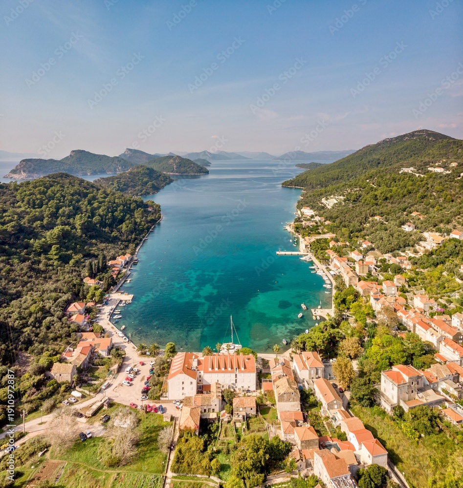 Fototapeta premium Croatia and the island of Damacia. The area around Dubrovnik with its beautiful island, forests, town, and Adriatic coast.