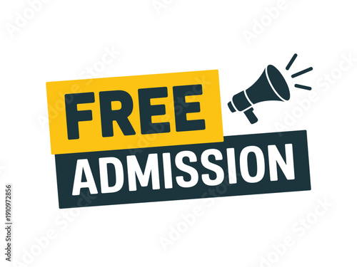 A vector graphic illustration of a free admission sign with a megaphone on a white background
