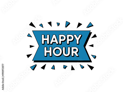 A colorful vector graphic illustration of a happy hour sign with a blue banner and triangular shapes.