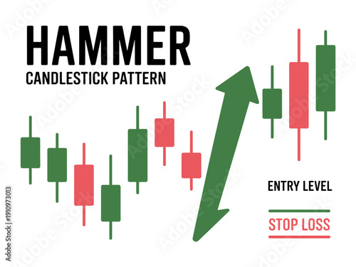 A vector graphic illustration of the hammer candlestick pattern used in finance and trading to indicate a potential market uptrend