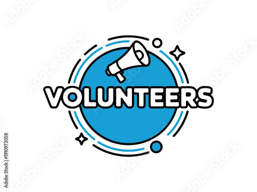 A vector graphic illustration of a volunteer logo with a megaphone and the word VOLUNTEERS in a blue circle