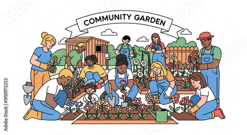 Diverse group of people working together in a community garden planting flowers and vegetables illustration for sustainability and teamwork concept