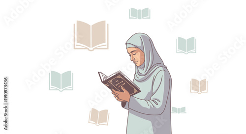Educated Woman Reading Sacred Book Surrounded by Knowledge Icons