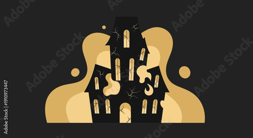 Eerie Haunted House Silhouette with Golden Swirls and Cracked Windows