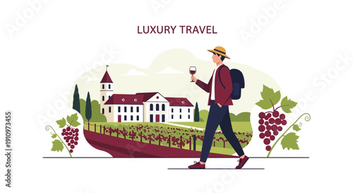 Elegant Man Enjoys Wine Tasting Amidst Vineyard Estate Grandeur