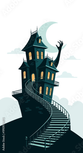 Eerie Haunted Mansion With Twisted Staircase And Spooky Arm Reaching Out