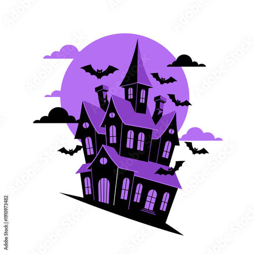 Eerie Purple Mansion With Bats Silhouetted Against a Full Moon