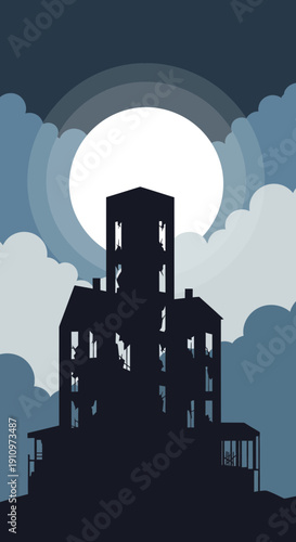 Eerie Silhouette Of A Haunted Mansion Under A Full Moon Sky With Clouds