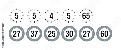 Digital timer and speedometer collection for racing and sports timing with various numerical values and circular measurement scales