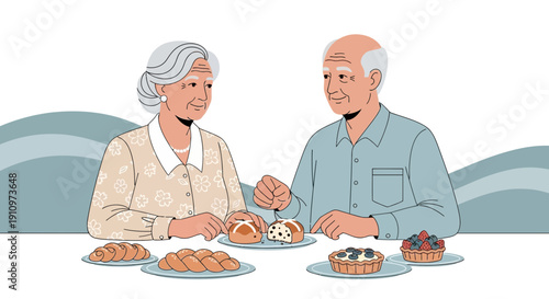 Elderly Couple Enjoying Assortment Of Sweet Baked Goods Together