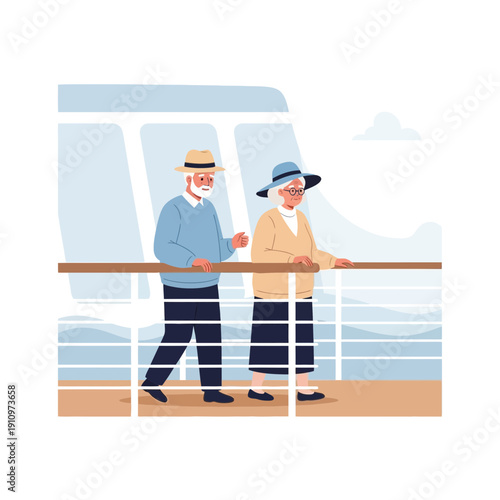 Elderly Couple Enjoying Scenic Ocean Voyage Aboard Cruise Ship Deck