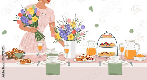 Elegant Spring Afternoon Tea Setting With Flowers And Pastries