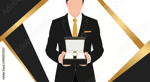 Elegant Businessman Presents Luxury Wristwatch In Open Presentation Box