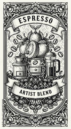 Set of Vintage coffee label design, calligraphy and typography elements styled design. coffee and fruits