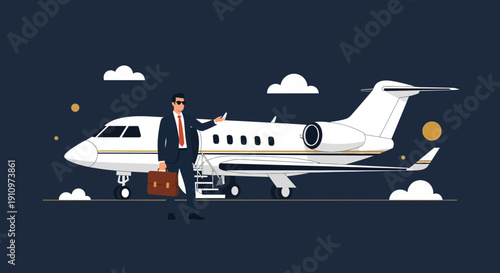 Elegant Businessman With Briefcase And Private Jet Ready For Luxurious Travel