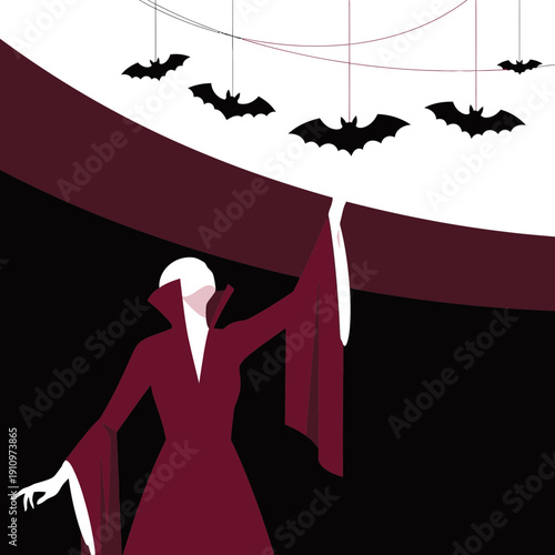 Elegant Vampire Costume With Swinging Bat Decorations Halloween Celebration