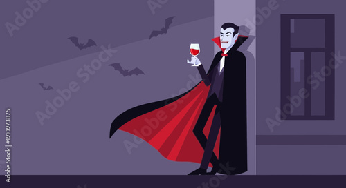 Elegant Vampire Holding Wine Glass Amidst Flying Bats Illustration