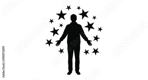 Silhouette of a person with arms outstretched surrounded by stars