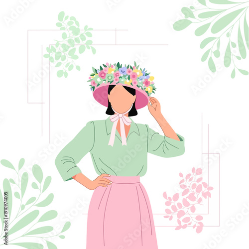 Elegant Woman Adorned With A Floral Hat In A Spring Garden Setting