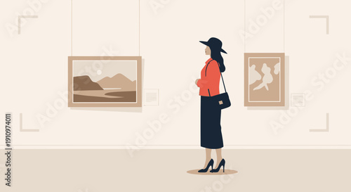Elegant Woman Appreciates Art In Gallery Display