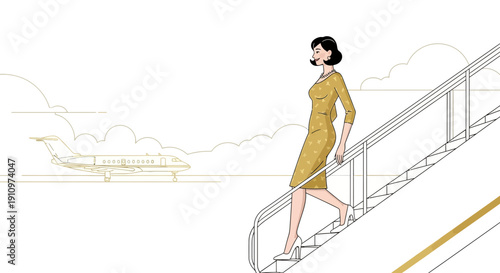 Elegant Woman Ascending Private Jet Stairs Stylish Fashionable Traveler