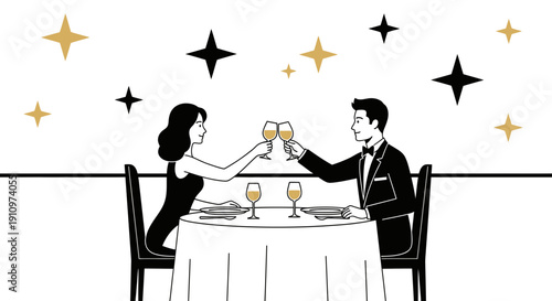 Elegant Couple Toasting Champagne At Romantic Dinner Celebration