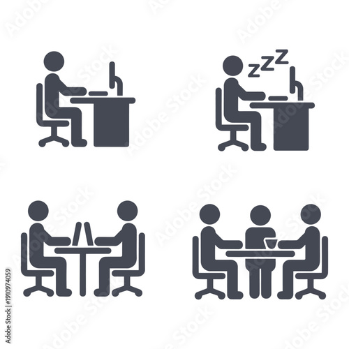 Person working at computer, sleeping at desk, meeting with laptop, discussing at table