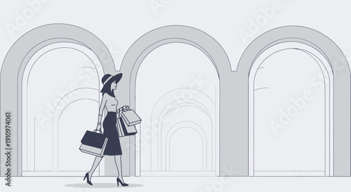 Elegant Woman Carries Shopping Bags Through Architectural Arches