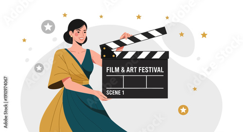 Elegant Woman Celebrates Film And Art Festival With Iconic Clapperboard
