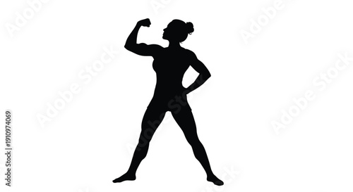 Silhouette of a muscular woman flexing her bicep against a white background