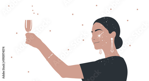Elegant Woman Cheers with Bubbly Drink Surrounded by Sparkles