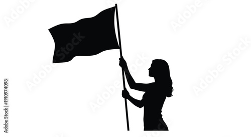 Silhouette of a woman raising a black flag against a white background