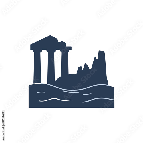 Ancient Greek Temple Ruins Silhouette Illustration.