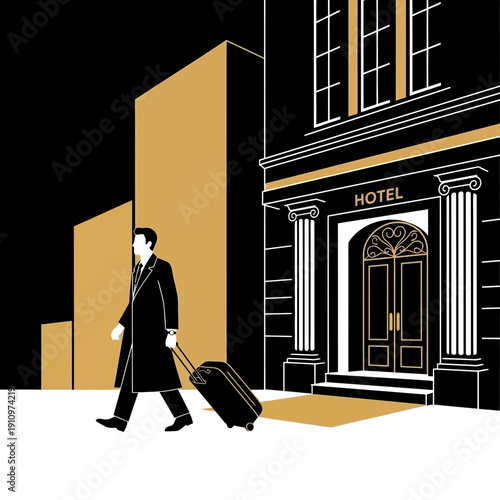 Elegant Gentleman Arriving At A Sophisticated Hotel With Vintage Charm