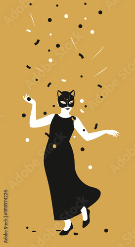 Elegant Woman In Cat Mask Celebrates With Falling Confetti