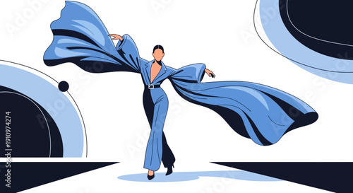 Elegant Woman In Flowing Blue Outfit Striding Confidently On A Runway