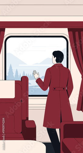 Elegant Gentleman Gazing Out Train Window At Winter Scenery