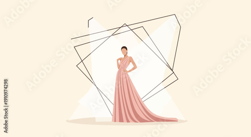 Elegant Woman In Flowing Gown Posed Against Geometric Abstract Background Minimalist Fashion Art