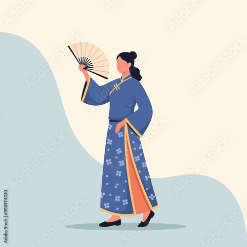 Elegant Woman In Traditional Blue Kimono Holding Delicate Fan