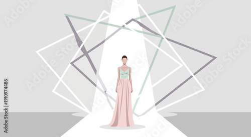 Elegant Woman On Spotlight Catwalk Presentation Of A Fashionable Dress