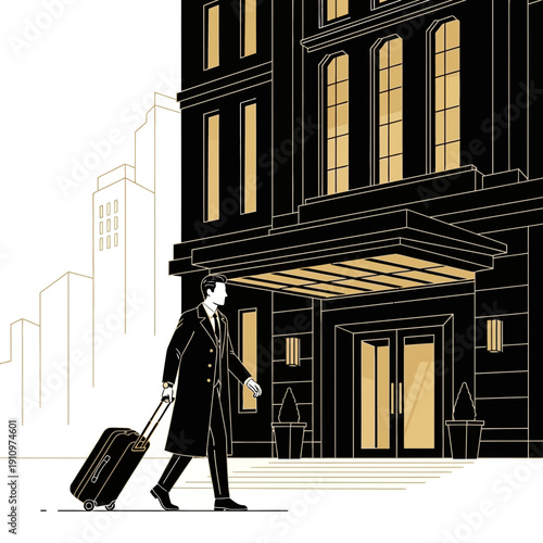 Elegant Man Arriving At Luxury Hotel Entrance With Rolling Luggage