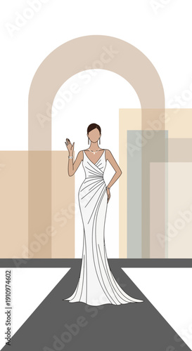 Elegant Woman Showcasing Fashionable Evening Gown On Modern Runway Stage