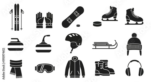 Collection of black and white icons depicting various winter sports equipment and gear on a clean white background.
