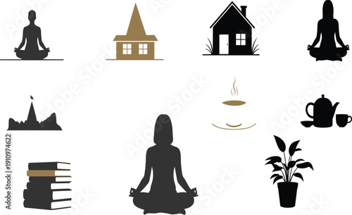 Yoga meditation and buddhism symbols with tea and plant illustrations