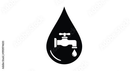 A black droplet shape containing a white faucet and smaller drop