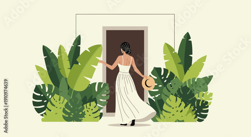 Elegant Woman Steps Through Jungle Doorway Into New Adventures