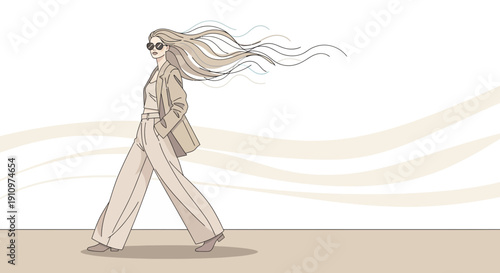 Elegant Woman Striding Confidently With Flowing Hair And Sunglasses
