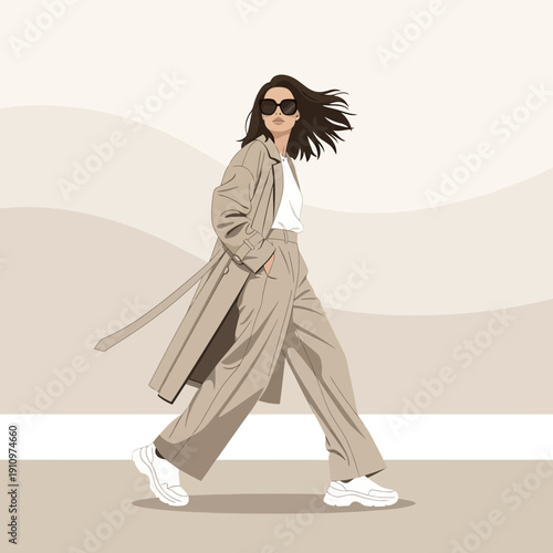 Elegant Woman Striding Confidently in Chic Neutral Toned Fashion