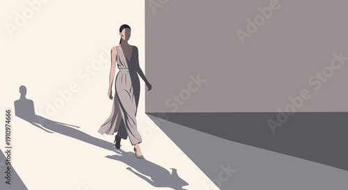 Elegant Woman Strides Through Stark Architectural Shadow Play