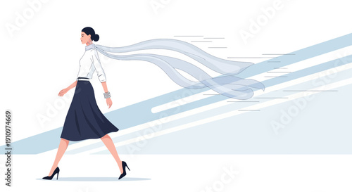 Elegant Woman Striding Forward With Flowing Scarf Against Dynamic Background